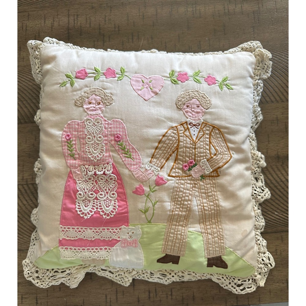 Vintage House of Hatten Applique Pillow Folk Art Victorian Couple Lace‎ 13x13